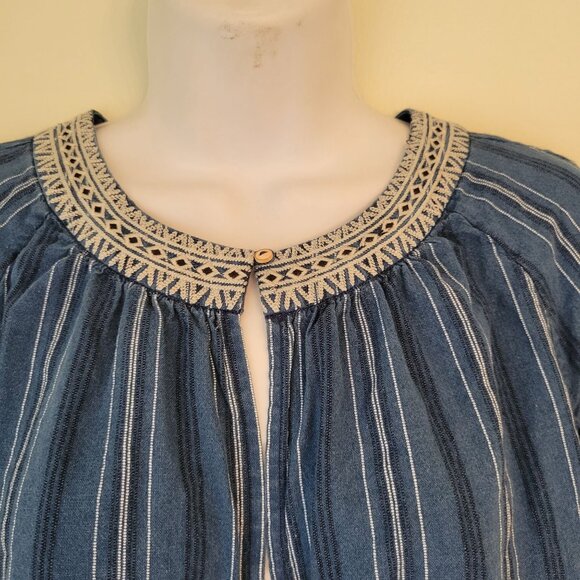 Massimo Dutti Boho Striped Tunic Top S Blue White Embroidered Keyhole Denim - Picture 4 of 7